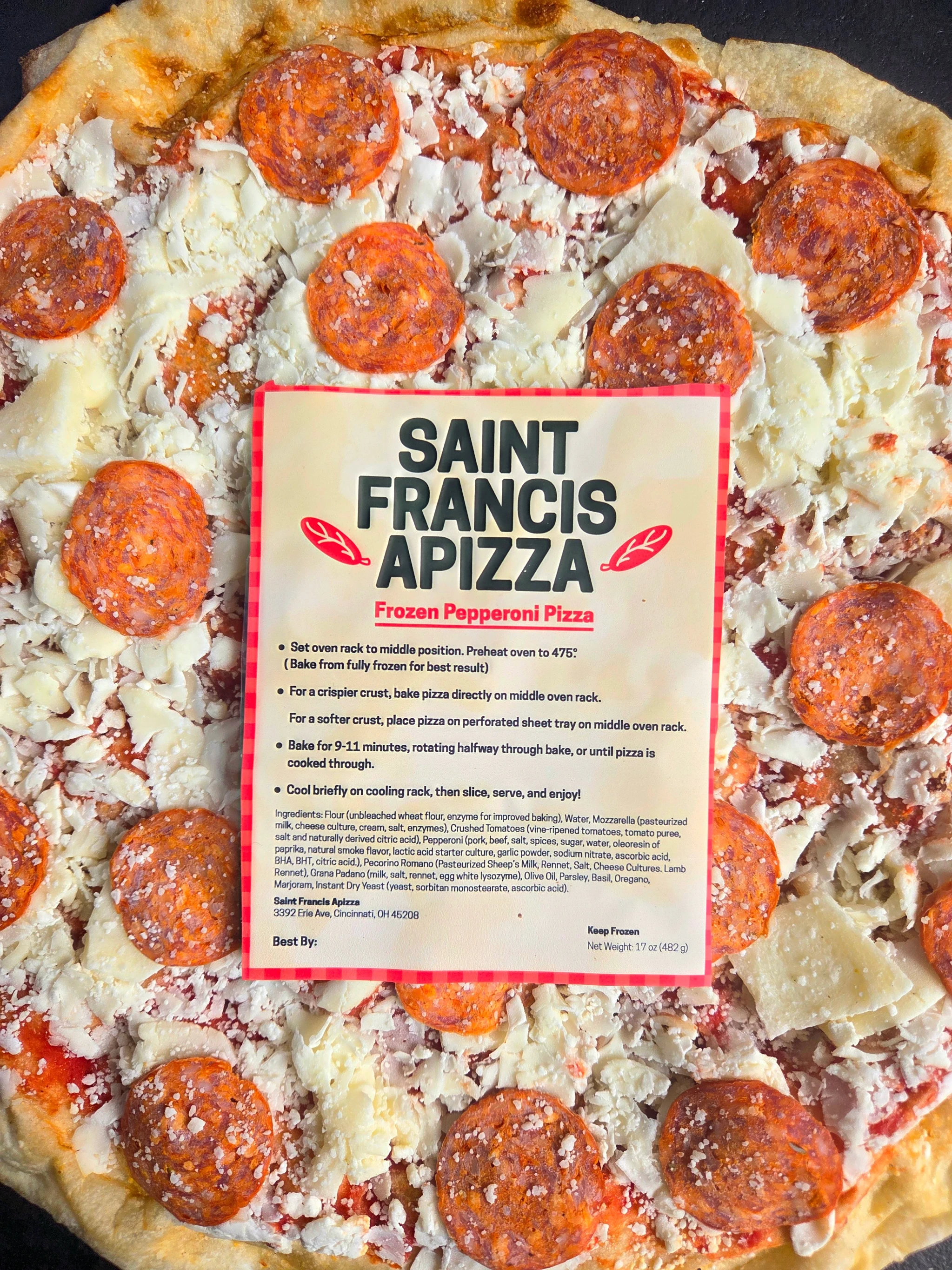 Saint Francis Apizza Frozen Cheese, Mushroom & Onion, Pepperoni, and Supreme Pizzas