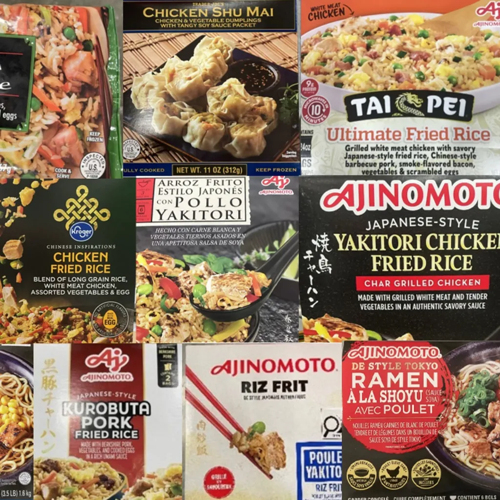 Ajinomoto Chicken and Pork Fried Rice, Ramen, and Shu Mai