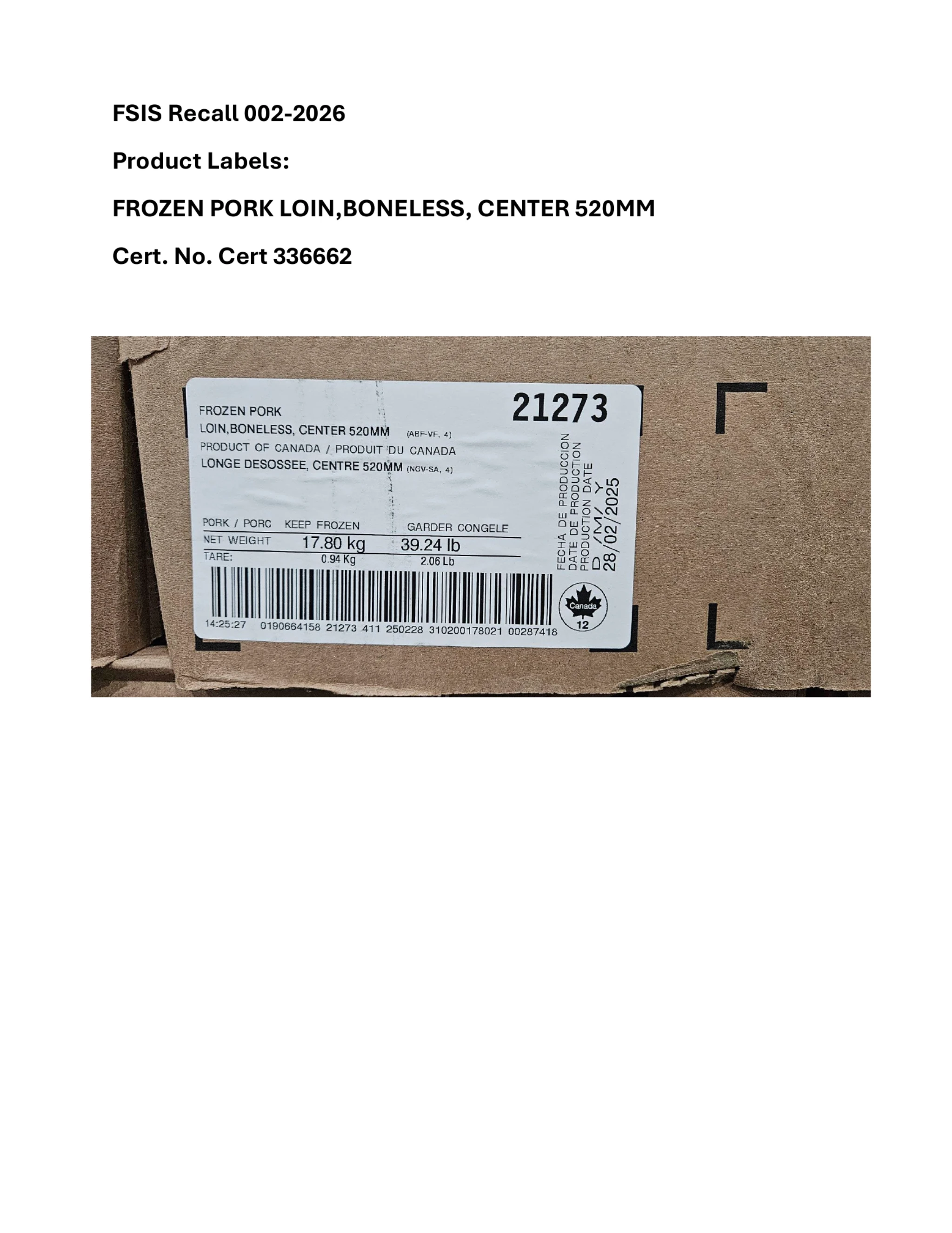 Mays Chemical Company Frozen Pork Boneless Loins