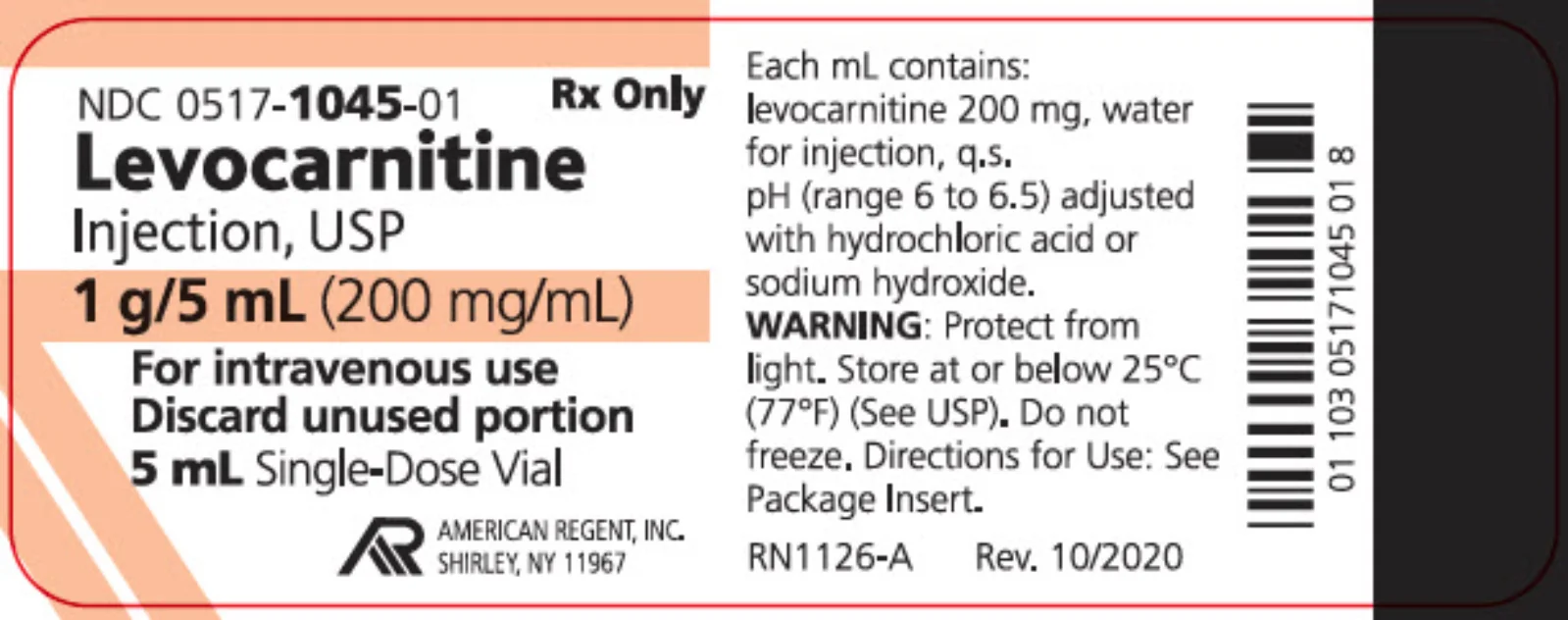 Levocarnitine Injection, USP 1 g/5 mL