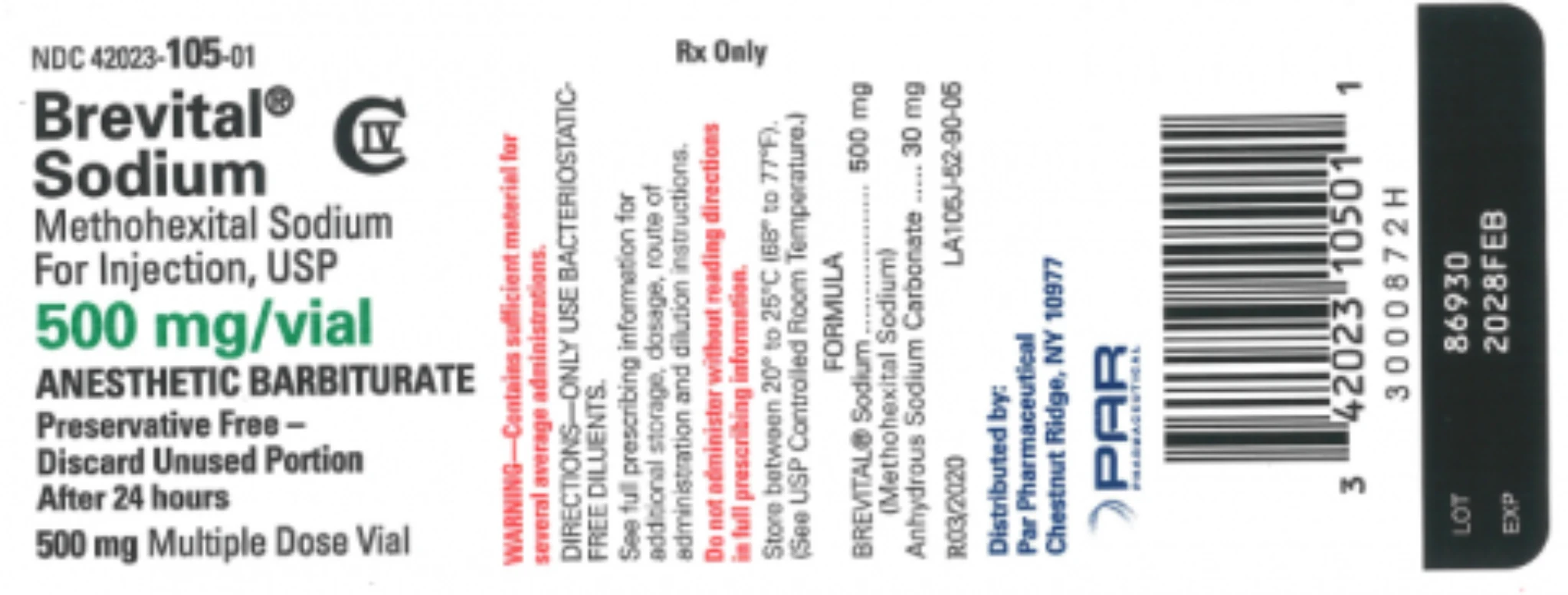 Par Health Brevital Sodium 500 mg/vial CIV (Methohexital Sodium for Injection, USP)