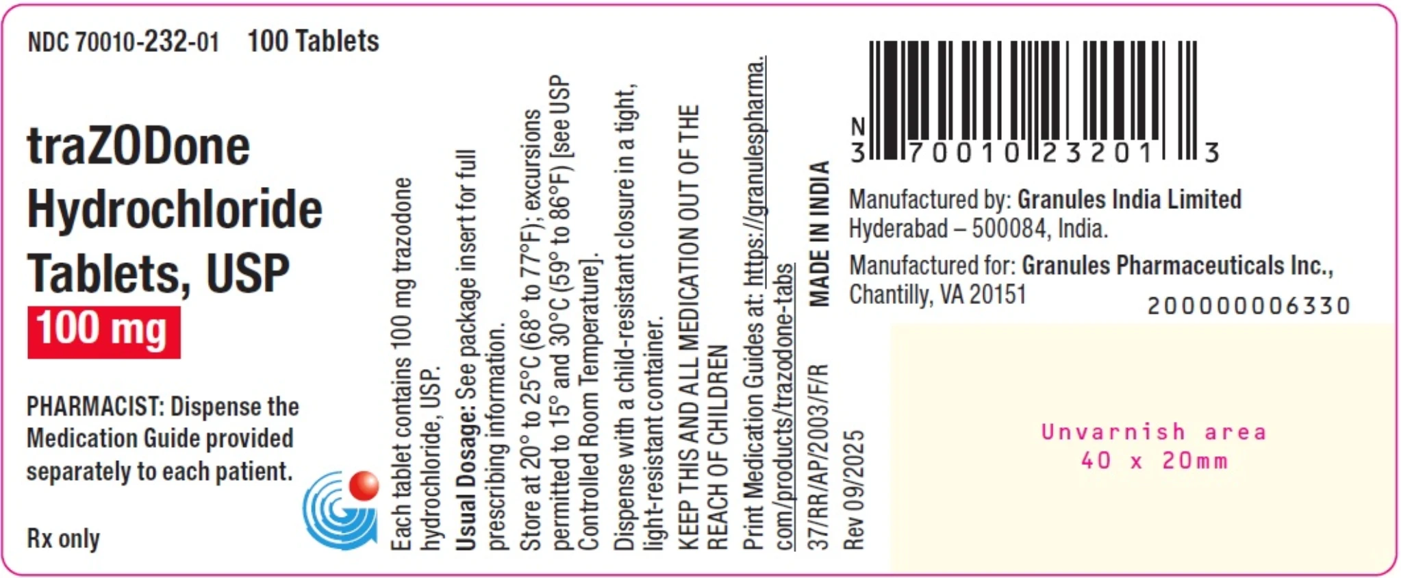 Granules Trazodone Hydrochloride Tablets